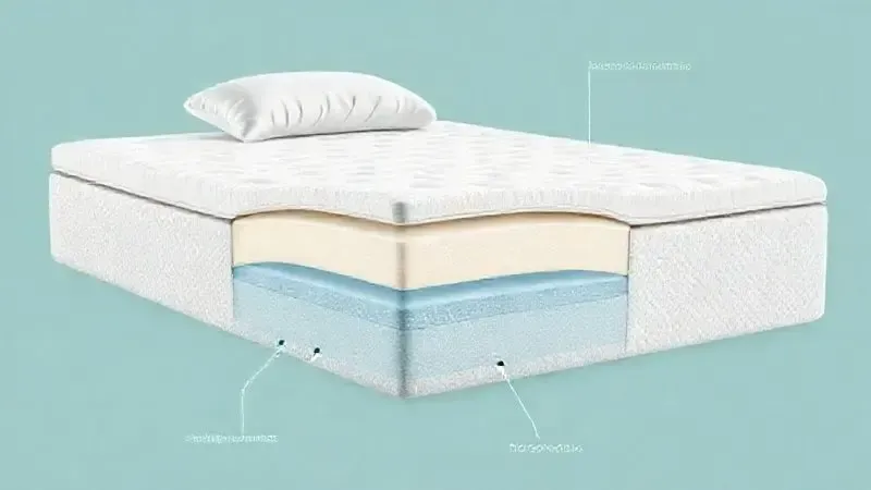Ilustração artística em corte de um colchão, mostrando as diferentes camadas de espuma para firmeza e suporte ideais para crianças.
