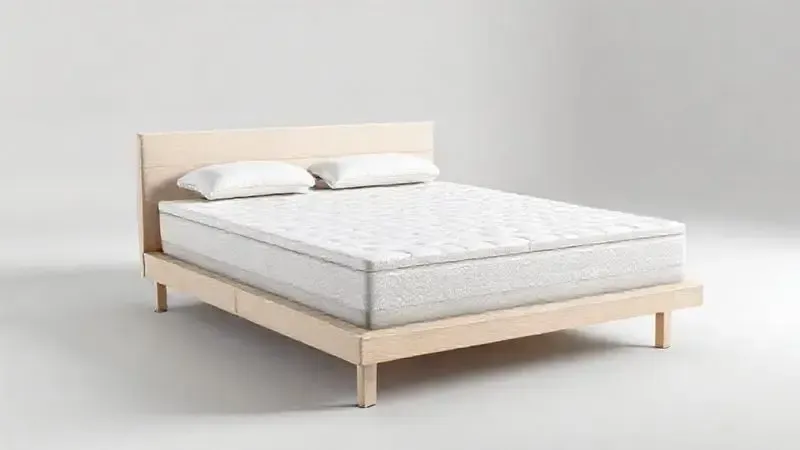 Render 3D conceitual de conjunto completo de colchão com box e base estrutural