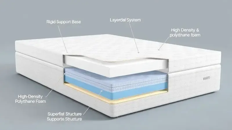 Ilustração conceitual de construção em camadas de colchão com base rígida e espumas de alta densidade.