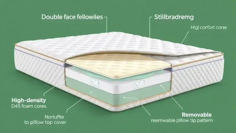 Ilustração técnica mostrando construção de colchão D45 com sistema double face e pillow top em corte transversal.