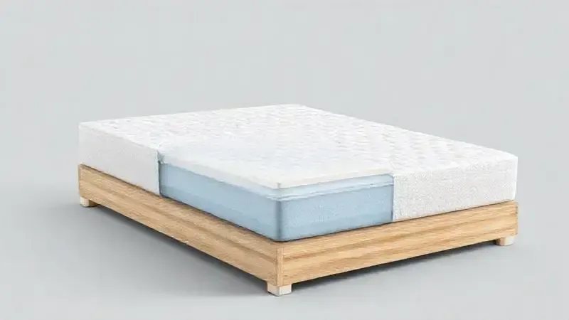 Ilustração 3D conceitual de um corte transversal de colchão e base, mostrando molas ensacadas, espuma e estrutura de madeira.