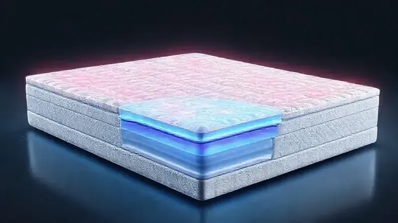Renderização tecnológica mostrando um corte transversal de um colchão avançado, com camadas para alívio de pressão e controle de temperatura.
