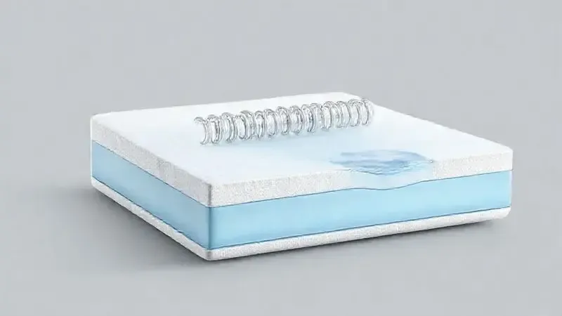 Ilustração 3D conceitual de corte transversal de almofada de sofá, mostrando camadas de molas, espuma e gel.