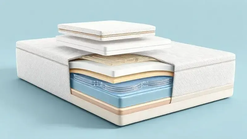 Ilustração conceitual de corte transversal de colchão mostrando camadas de tecnologia e materiais