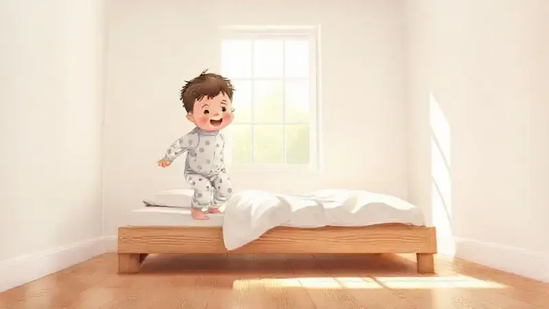 Criança em idade pré-escolar descendo sozinha de uma cama baixa no chão, simbolizando autonomia no método Montessori.