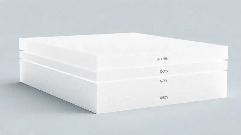 Render 3D de seção transversal mostrando diferentes densidades de espuma com células variadas.
