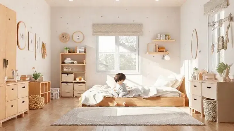 Ilustração 3D mostrando o quarto como um ambiente preparado que estimula a liberdade e o desenvolvimento infantil.