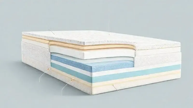 Diagrama ilustrativo das camadas internas e estrutura de um colchão, mostrando diferentes densidades de espuma