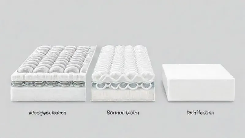 Diagrama comparativo das estruturas internas de colchões: molas ensacadas, molas Bonnel e espuma.