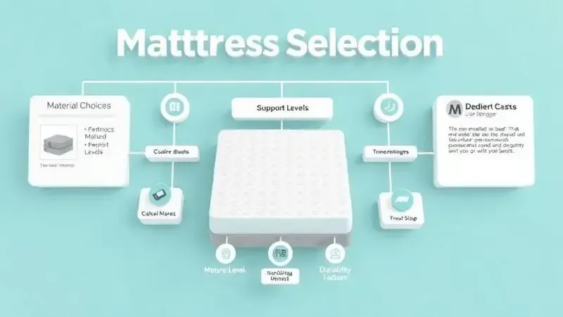 Diagrama conceitual ilustrando processo de decisão para escolha de colchão com diferentes materiais e características.