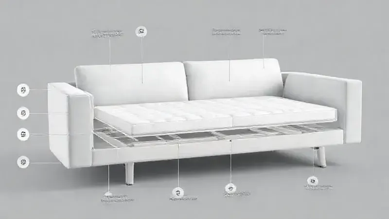 Ilustração 3D detalhada do mecanismo interno e estrutura de um sofá-cama, destacando a engenharia de conforto.