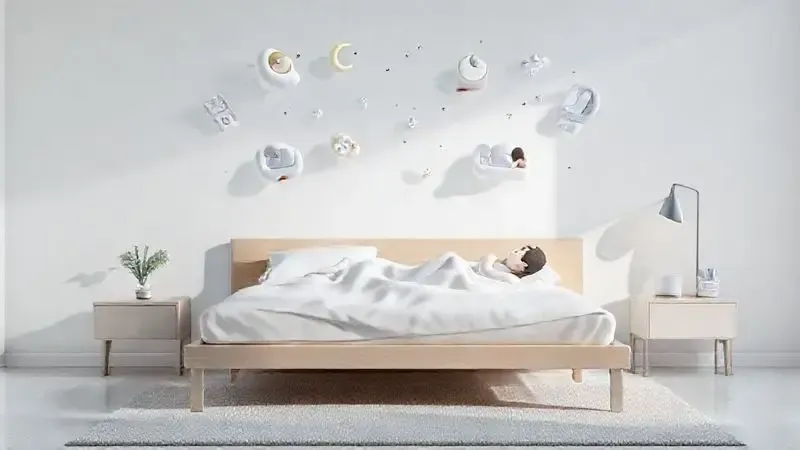 Cena conceitual de melhoria do sono com posições estilizadas e símbolos de relaxamento sobre configuração minimalista