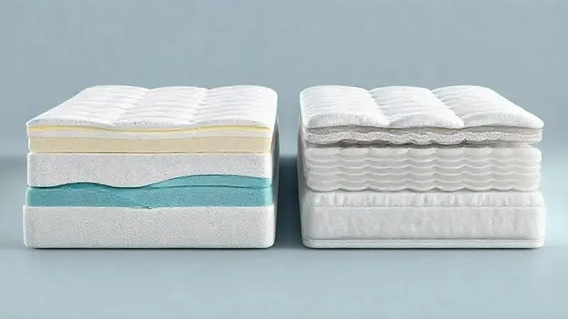 Ilustração comparativa da estrutura interna de colchão de espuma e colchão de molas, mostrando camadas e materiais