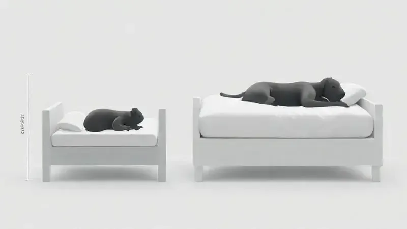 Ilustração comparativa de um cachorro pequeno em uma cama pequena e um cachorro grande em uma cama grande, demonstrando a importância das dimensões.