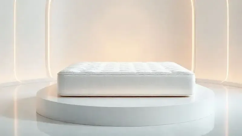 Ilustração conceitual de um colchão em um pedestal com um brilho dourado, representando durabilidade e longevidade do produto.