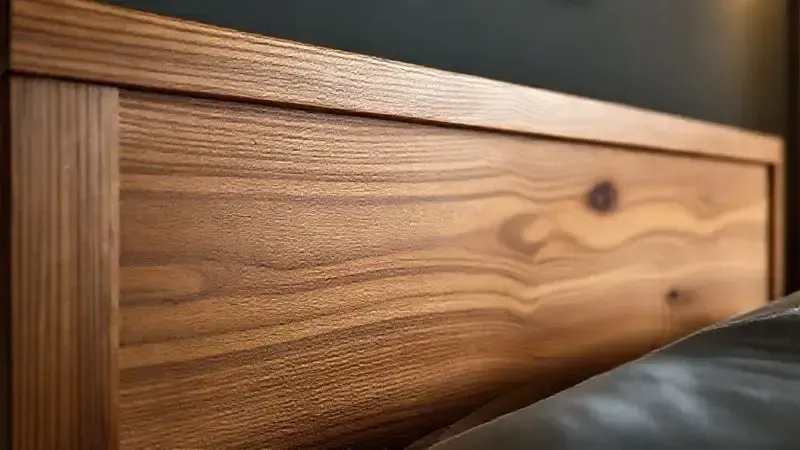 Ilustração digital de cabeceira de madeira maciça, detalhando a textura e o grão natural para demonstrar durabilidade.