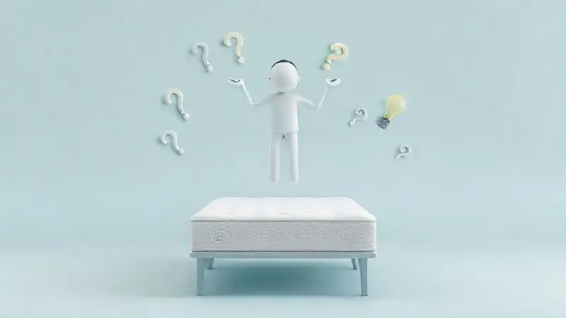 Render 3D conceitual de uma pessoa decidindo a compra de um colchão, ilustrando dúvidas e clareza na escolha.