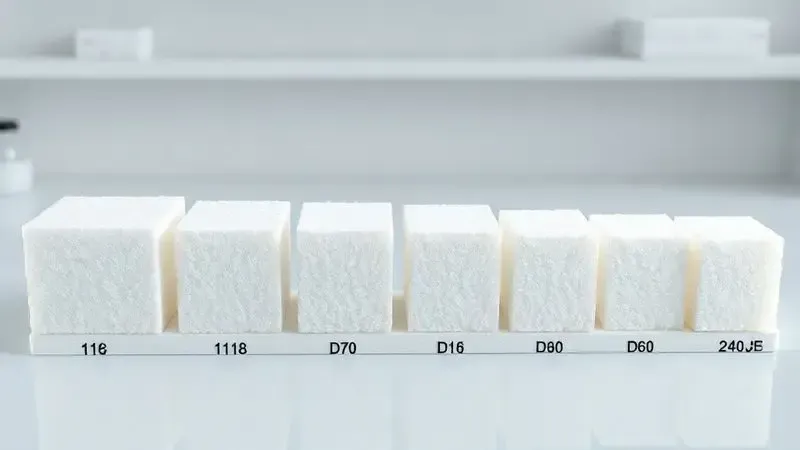 Escala comparativa visual das densidades de espuma de colchão desde D18 até D60
