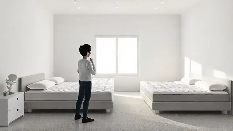 Cena conceitual de pessoa analisando opções de colchão em ambiente de quarto limpo e iluminado