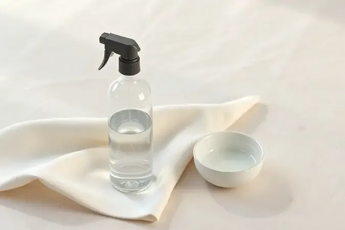 Cena conceitual com tecido de colchão, pano de microfibra e solução suave para ilustrar a escolha do produto de limpeza