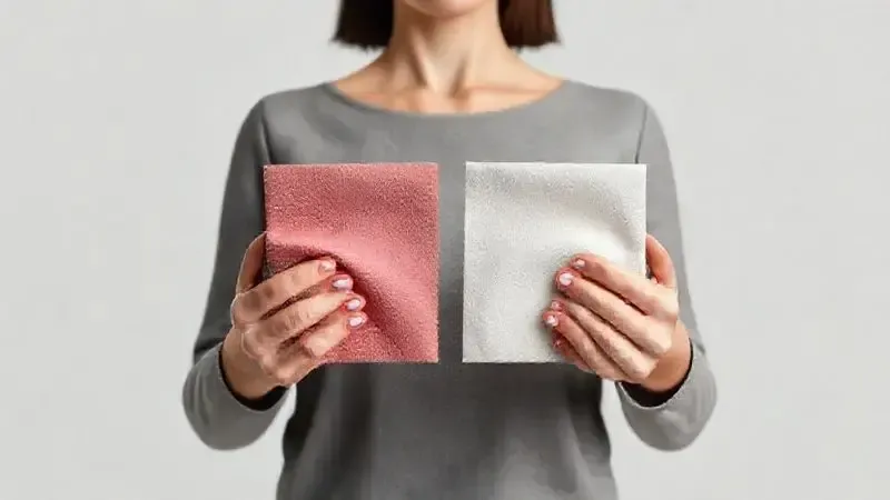 Pessoa escolhendo entre dois tipos de tecidos para cama box, representando a decisão ideal para o seu perfil e necessidades.