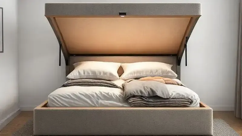 Cena conceitual de uma cama baú totalmente aberta, mostrando o amplo espaço interno utilizado para guardar roupas de cama e objetos.