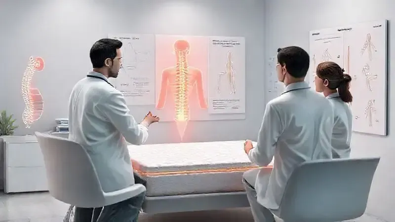 Ilustração conceitual de consulta médica com análise postural e recomendações de firmeza de colchão