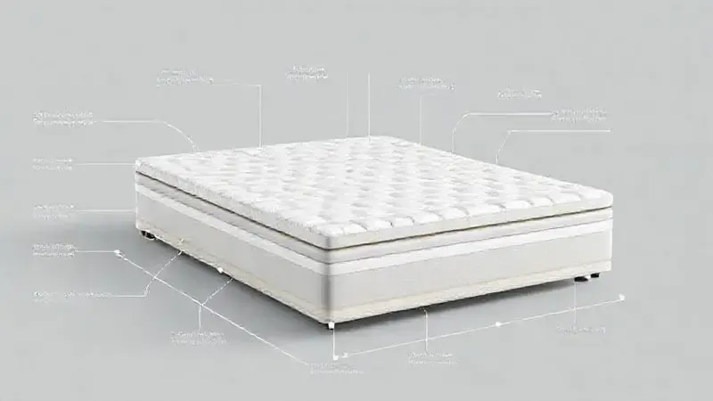 ilustração técnica mostrando camadas e especificações de colchão premium