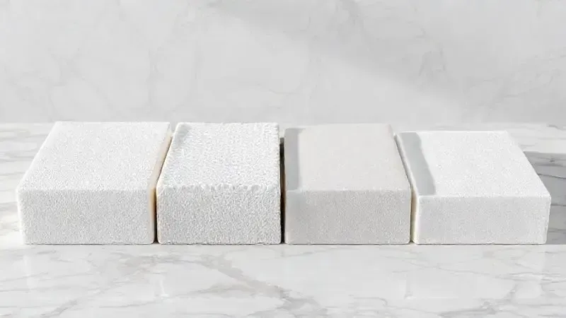 Materiais de espuma para colchões Herval - HR, látex, viscoelástica e EcoSpuma em amostras 3D