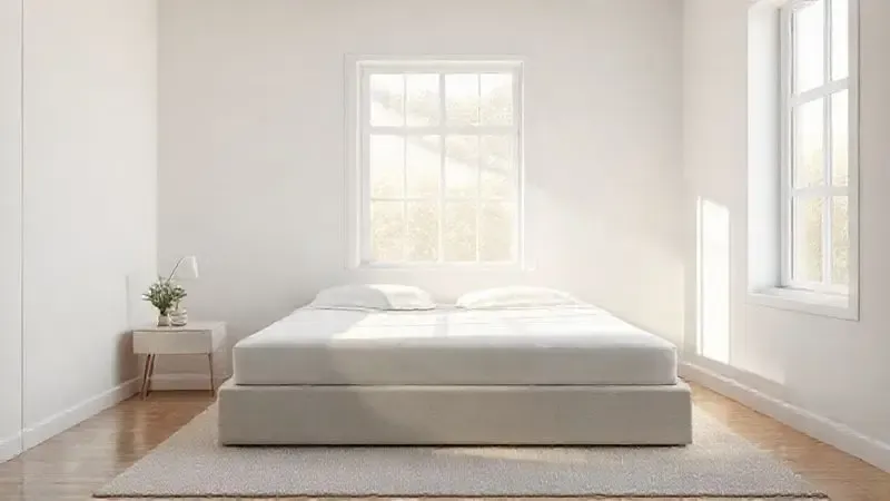 Ilustração de quarto minimalista com cama box, transmitindo sensação de conforto, paz e estilo moderno.