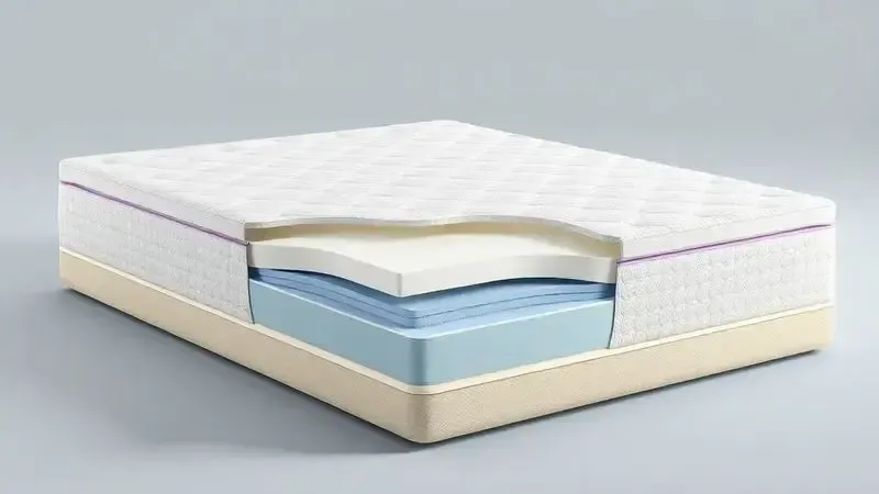 Visualização artística da estrutura interna e camadas de um colchão em corte transversal