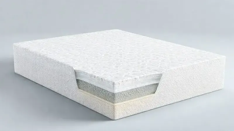 Ilustração conceitual da estrutura interna de um colchão de espuma de alta densidade mostrando suas camadas e composição.