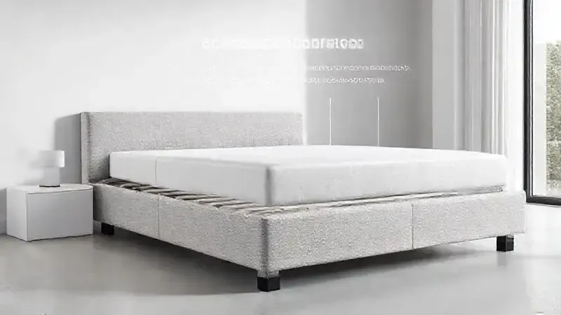 Ilustração 3D mostrando a estrutura interna e o revestimento da base de uma cama box, enfatizando o design e o material.
