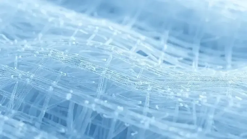Ilustração digital realista mostrando a estrutura microscópica densa e fina das microfibras sintéticas.