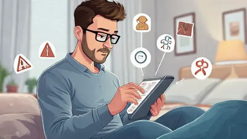 Ilustração de uma pessoa analisando informações de compra em um tablet para evitar erros comuns ao adquirir produtos de quarto.