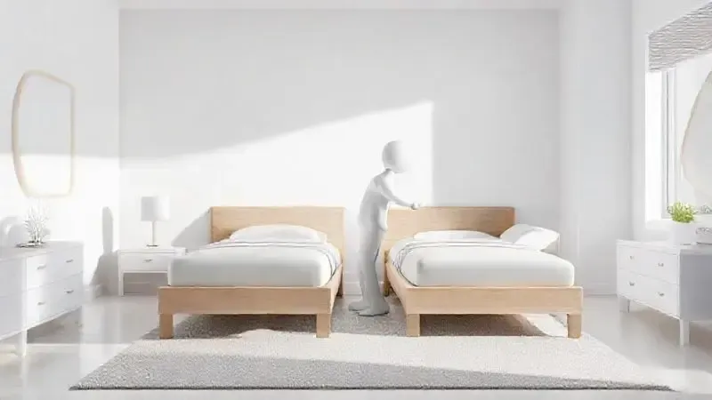 Render 3D mostrando as duas partes de uma cama box separada sendo movidas, simbolizando a modularidade e facilidade.