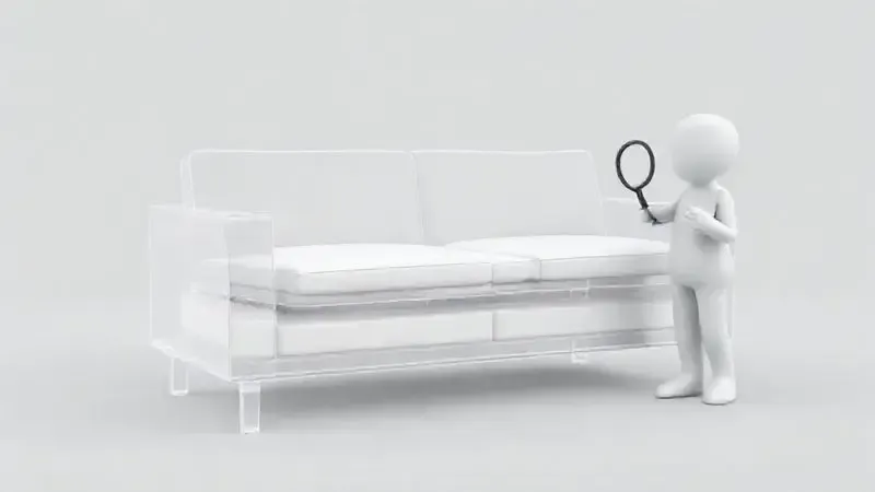 Render 3D de uma pessoa examinando a estrutura interna de um sofá, simbolizando pesquisa antes da compra.