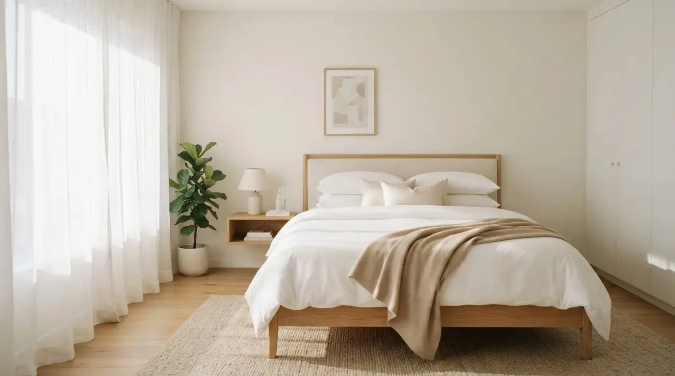 Quarto aconchegante com cama bem arrumada e iluminação suave