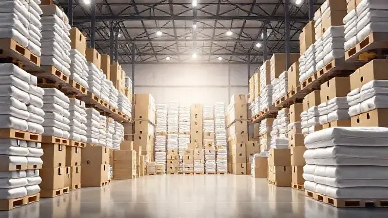 Ilustração conceitual de um grande armazém com pilhas de produtos têxteis para atacado e revenda.
