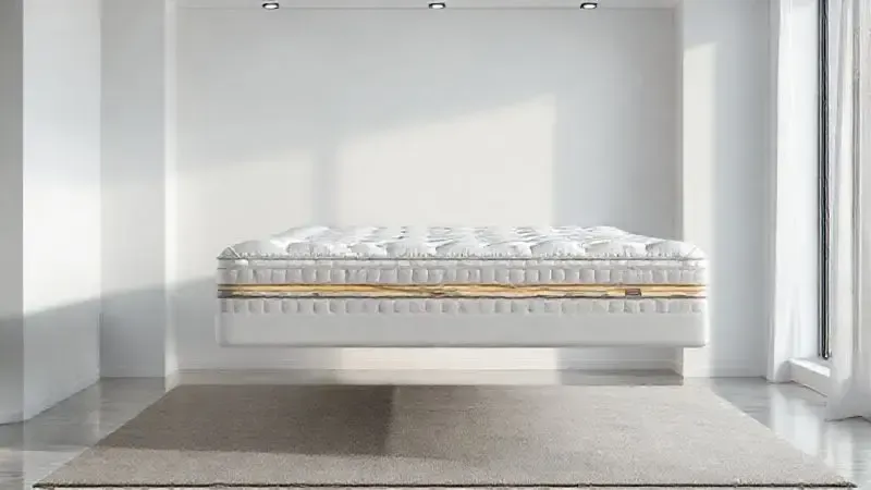 Ilustração artística 3D de colchão king size em ambiente minimalista mostrando camadas e estrutura do produto.