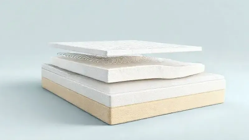 Ilustração conceitual mostrando diferentes camadas e materiais de colchões para escolha informada