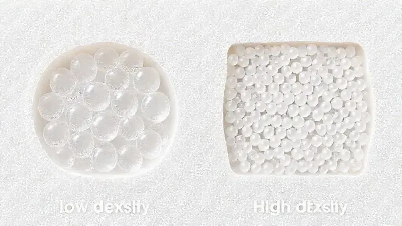 Ilustração digital mostrando em close-up a diferença de densidade entre duas espumas, com células de ar maiores e menores.