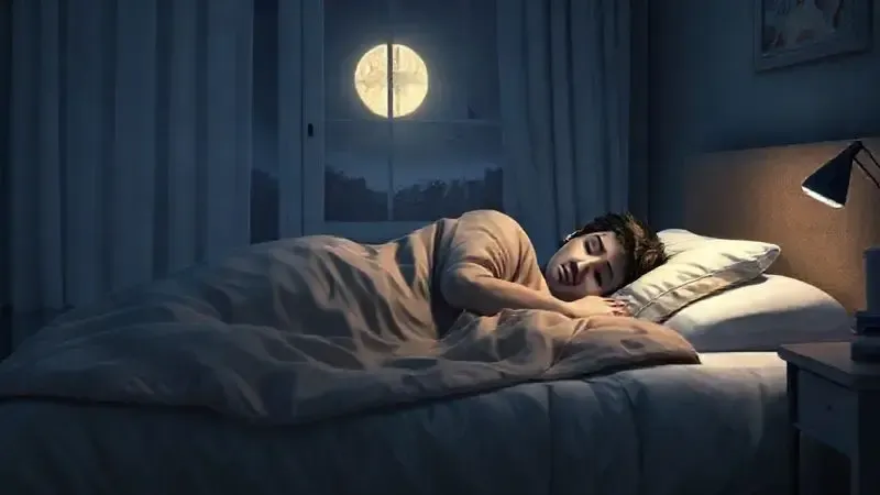 Ilustração 3D de um quarto aconchegante com uma pessoa dormindo profundamente, simbolizando o conforto da cama box queen.