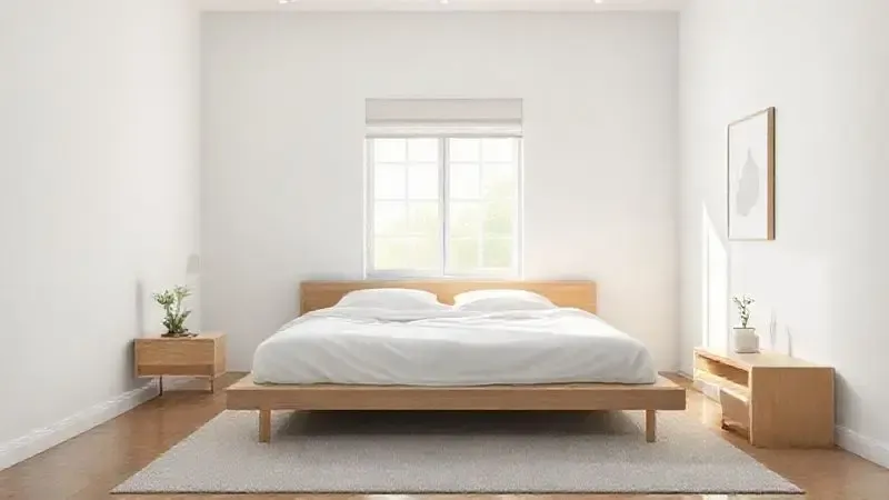 Ilustração digital de um quarto moderno e minimalista, transmitindo a sensação de conforto e serenidade de um sono tranquilo.