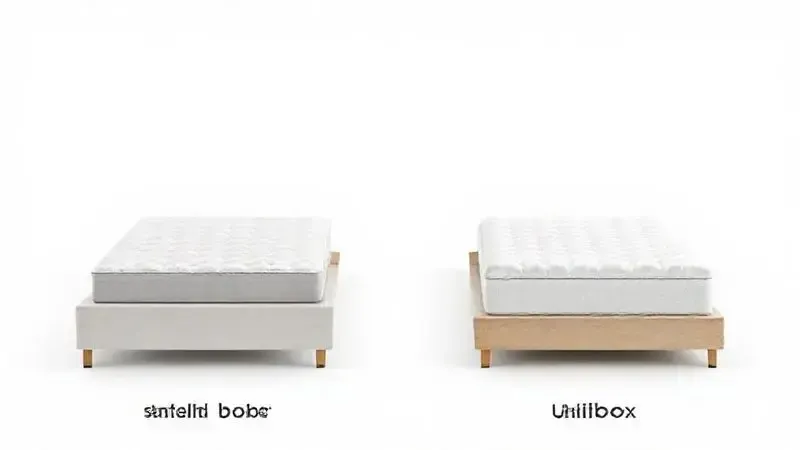Ilustração 3D comparando a estrutura de uma cama box com base separada e uma cama unibox integrada.