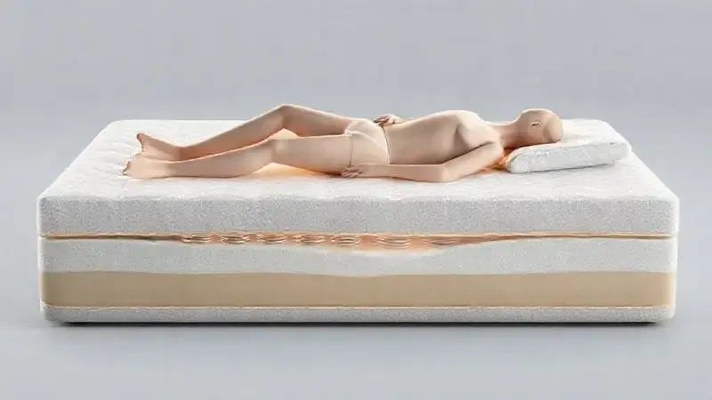 Ilustração 3D da seção transversal de um colchão, mostrando as camadas internas de suporte ergonômico para a coluna vertebral.