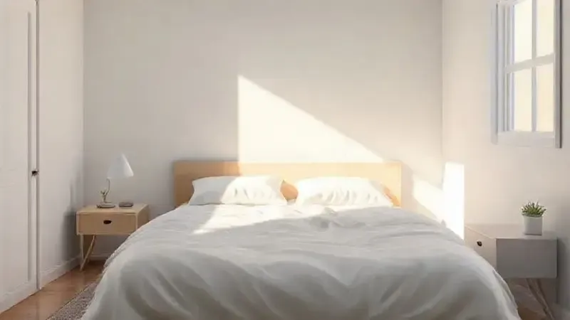 Renderização 3D de um quarto tranquilo, iluminado pelo sol, simbolizando uma boa noite de sono e a satisfação da compra.
