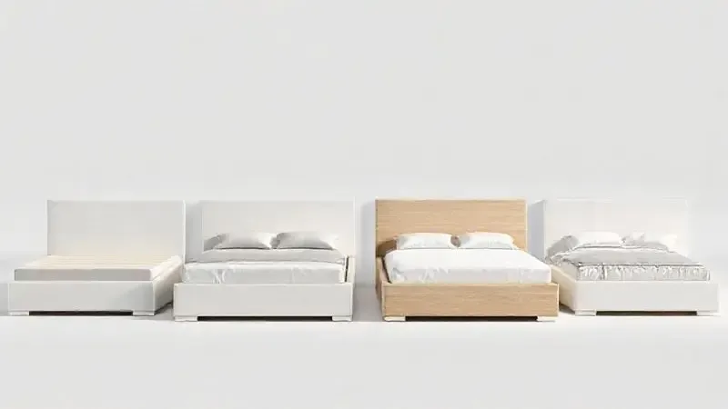 Ilustração 3D dos diferentes tipos de cama box, incluindo modelos tradicionais, bipartidos e com baú para armazenamento.