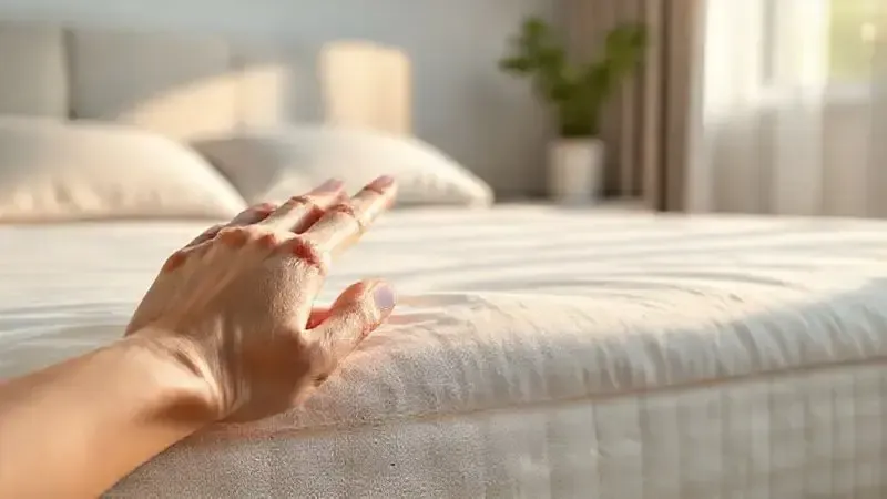 Mão tocando a trama de um tecido de cama box, ilustrando a importância da textura, conforto e durabilidade.