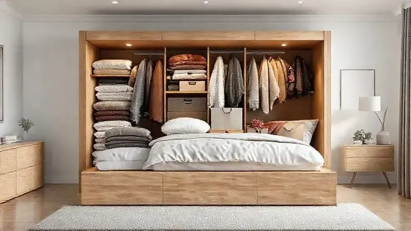 Renderização 3D de um baú de cama box lotado de cobertores, roupas de inverno e caixas organizadoras.
